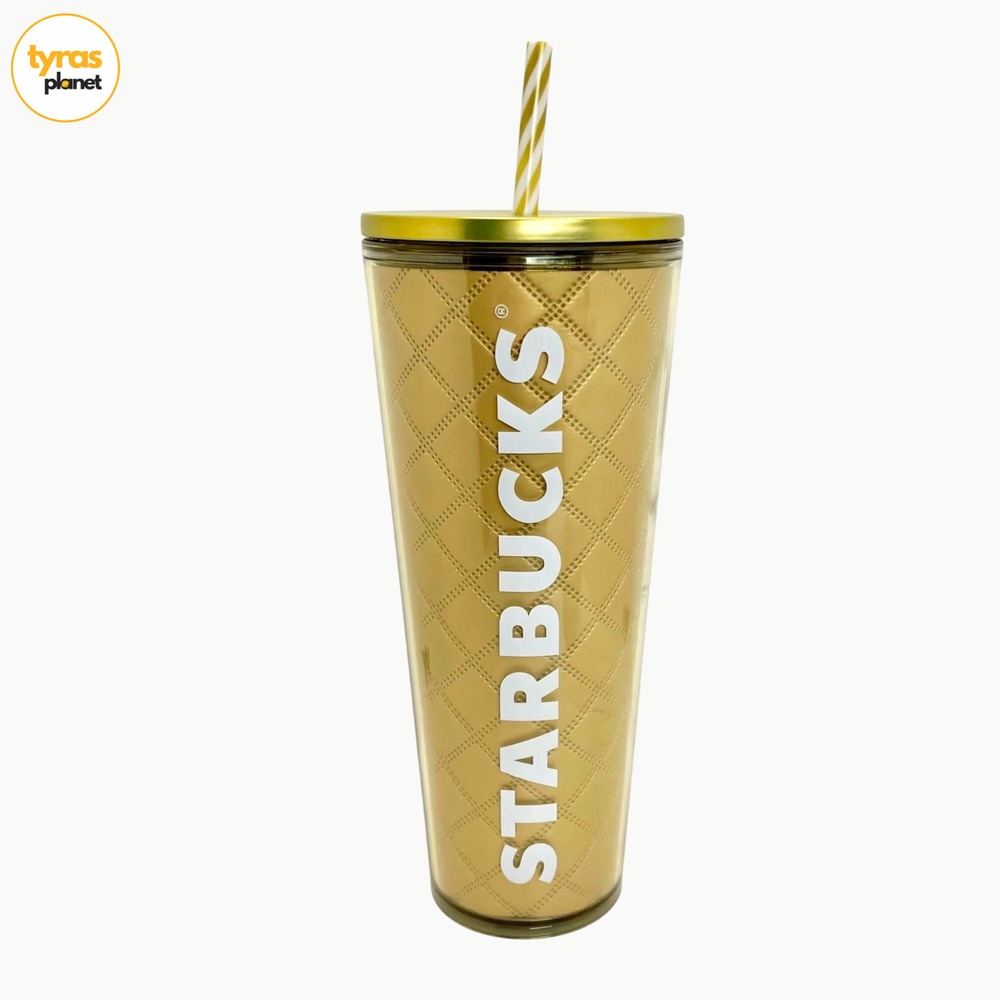 Starbucks 2024 Holiday Gold Metallic Quilt 24 oz Venti Cold Cup Tumbler NEW